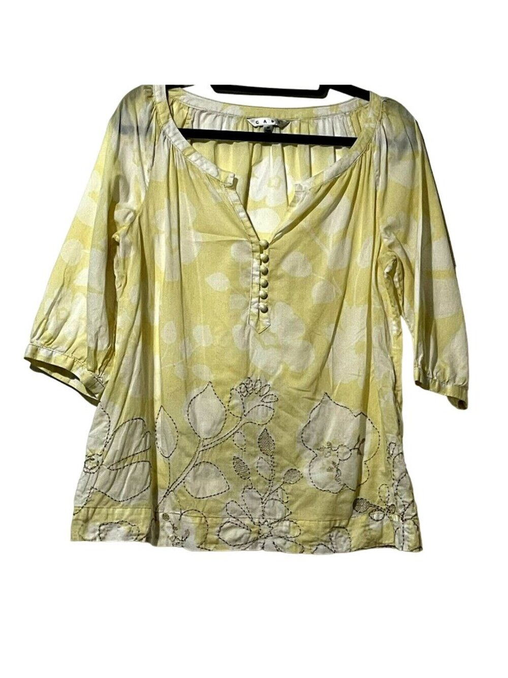 CAbi Womens 3/4 Sleeve Yellow Floral Embroidered Cotton Top Size M